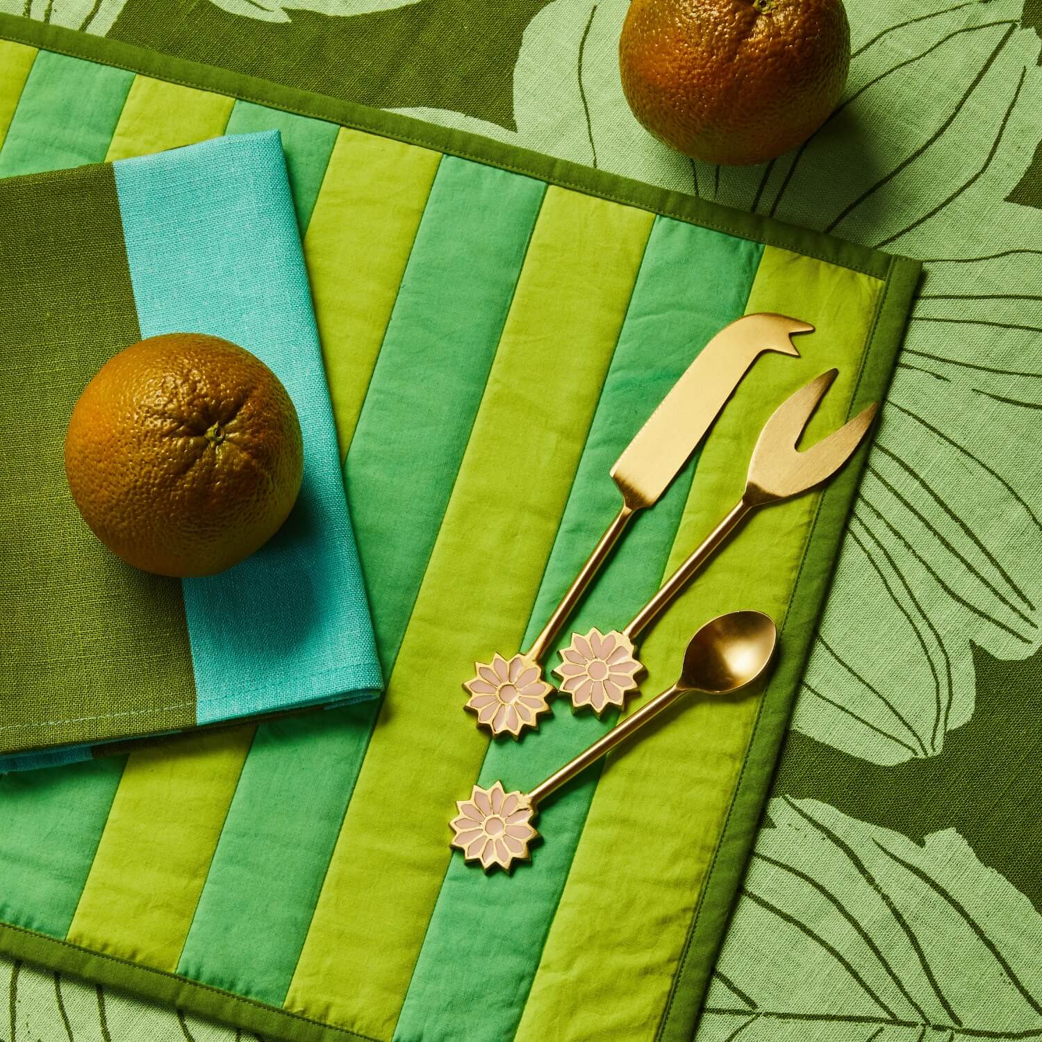 Margot Green Tablecloth Styled With Stripe Green Placemats & Big Stripe Mint Linen Napkins