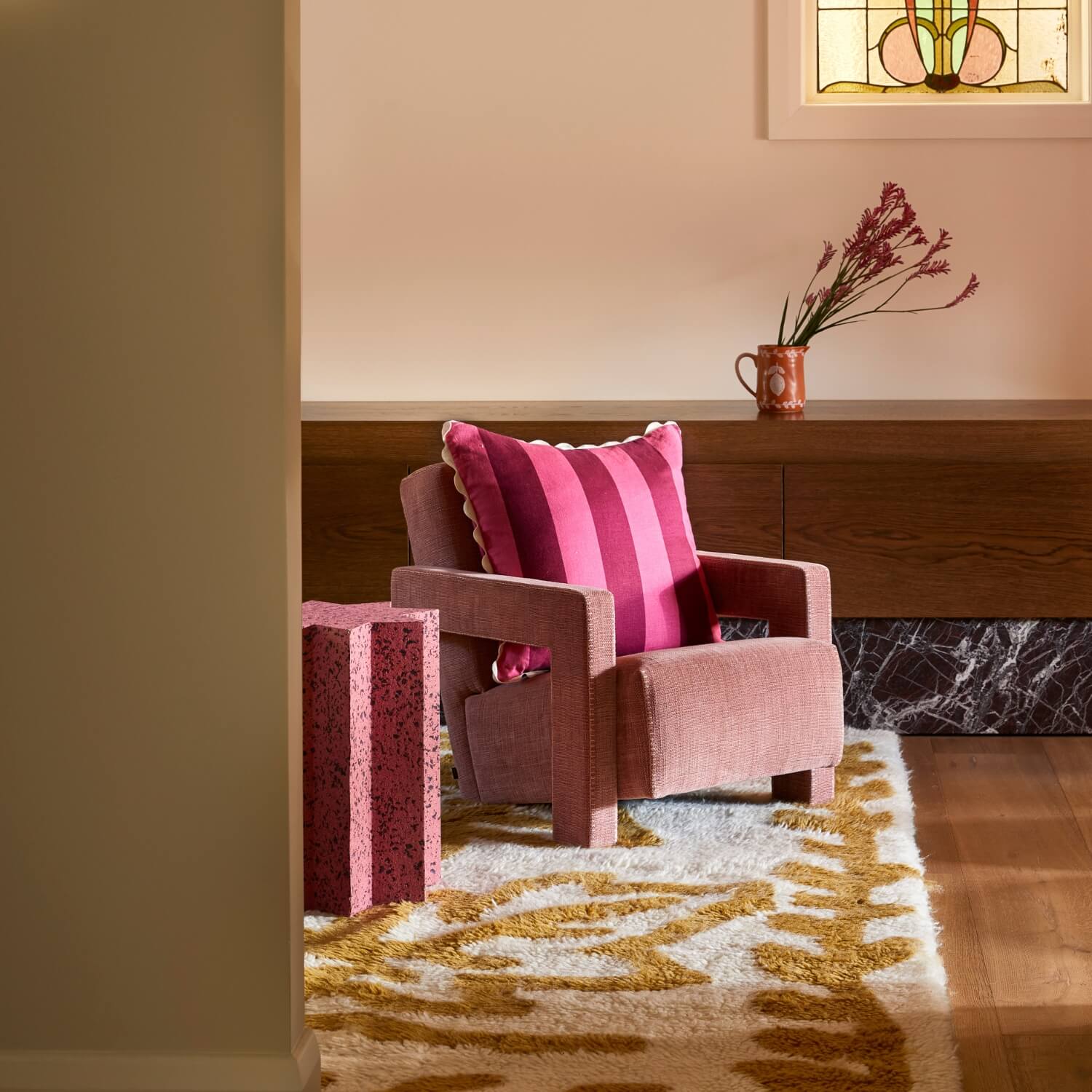 Big Stripe Cerise Linen Cushion Styled On Pink Armchair with Cork Star Side Table Pink