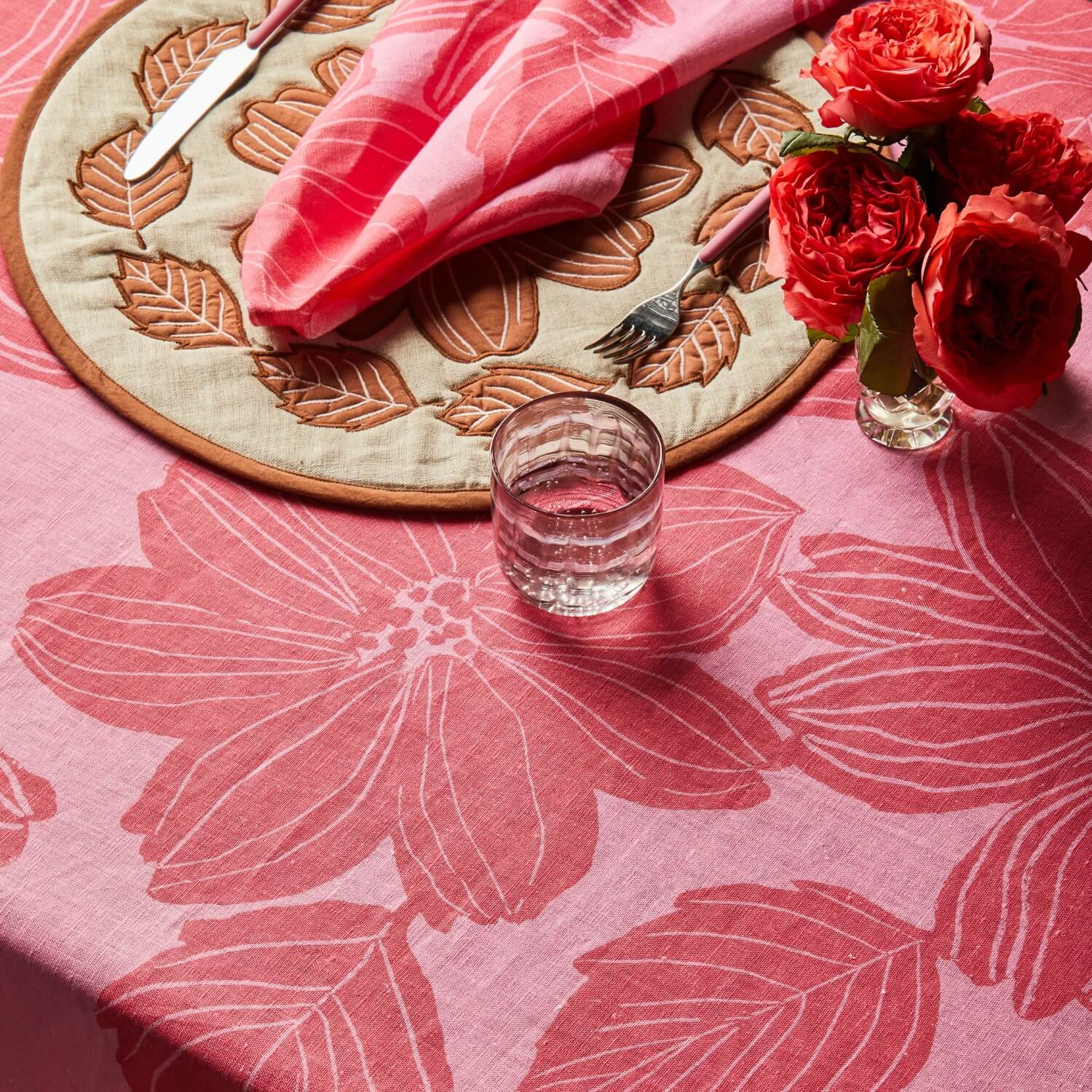 Margot Pink Tablecloth Styled With Margot Round Linen Placemats & Margot Pink Linen Napkins