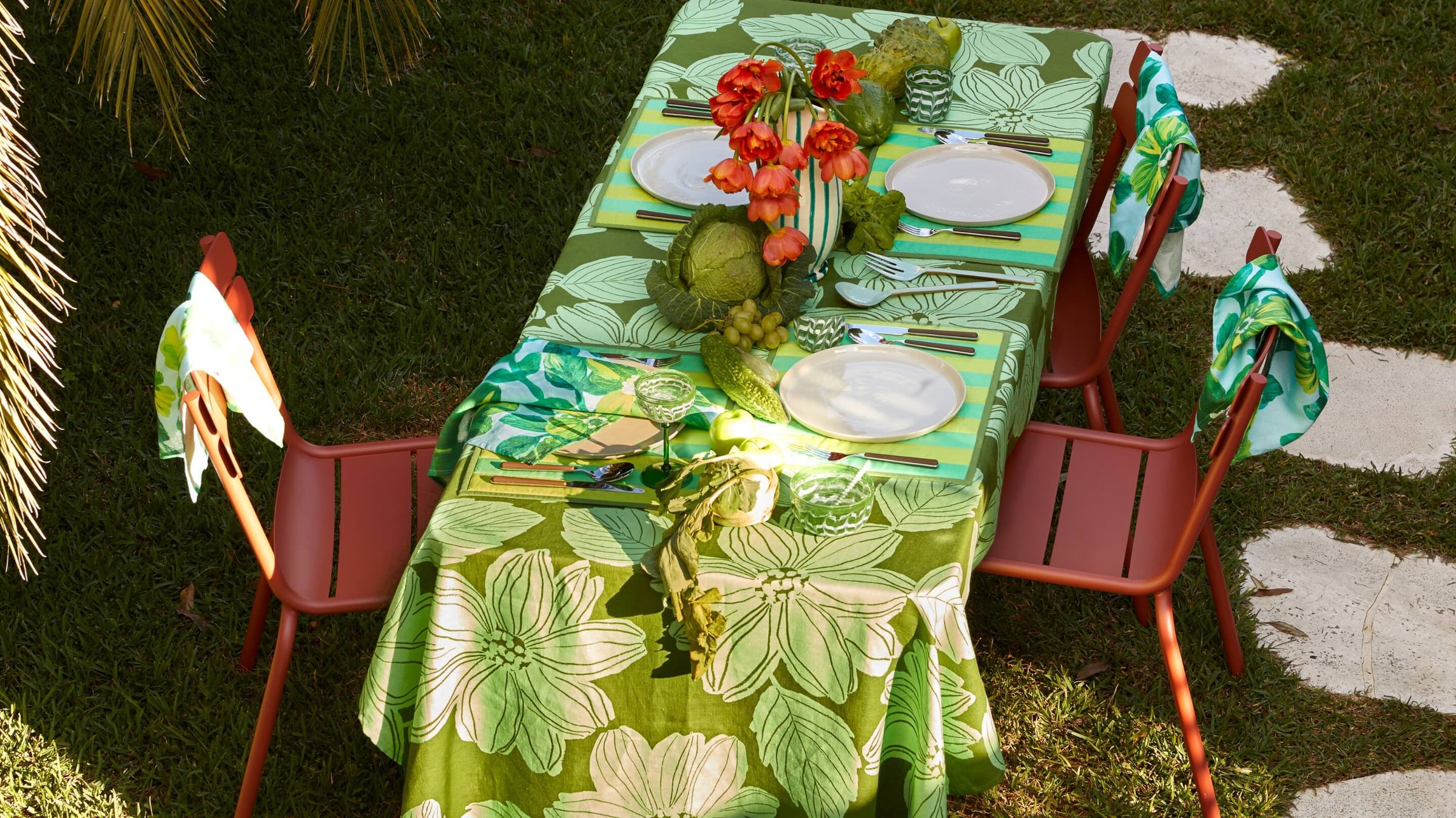 Outdoor Table Setting Styled With Margot Green Tablecloth, Rosetta Blue Napkins & Stripe Green Placemats