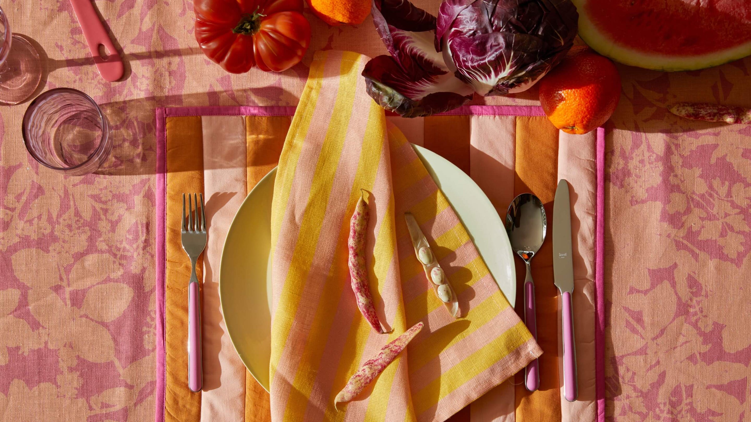 Herbs Reverse Pink Peach Tablecloth Styled With Thin Stripe Pink Yellow Linen Napkins & Stripe Peach Placemats