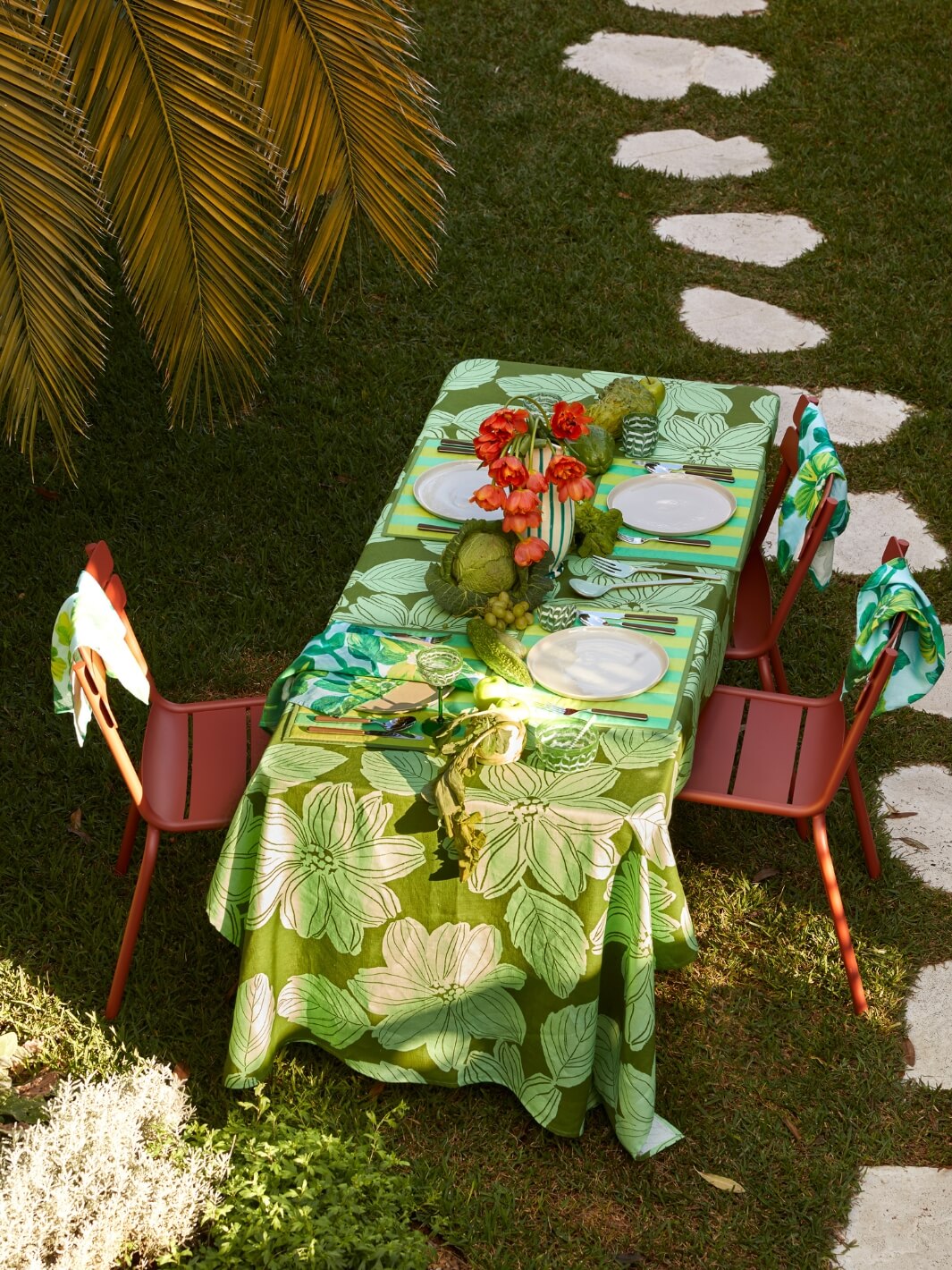 Outdoor Table Setting Styled With Margot Green Tablecloth, Rosetta Blue Napkins & Stripe Green Placemats