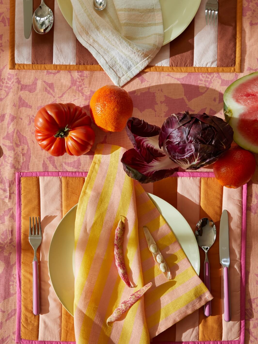 Herbs Reverse Pink Peach Tablecloth Styled With Thin Stripe Pink Yellow Linen Napkins & Stripe Peach Placemats