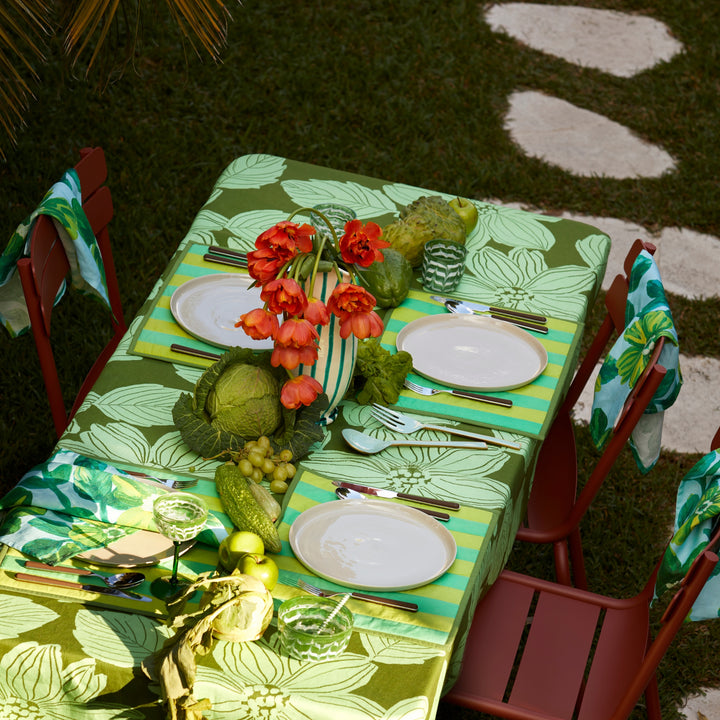 Rosetta Blue Napkin Styled With Margot Green Tablecloth & Stripe Green Placemats