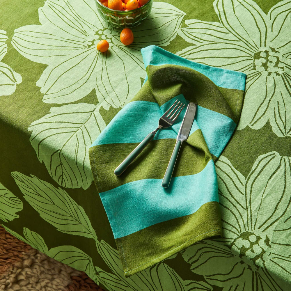 Big Stripe Mint Linen Napkin Styled With Margot Green Linen Tablecloth