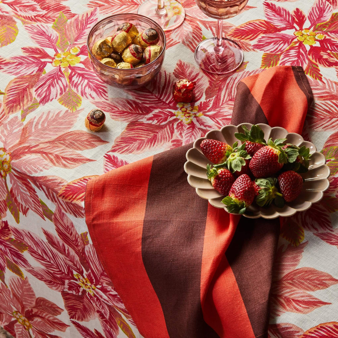 Big Stripe Burgundy Linen Napkin Styled With Poinsettia Red Linen Tablecloth