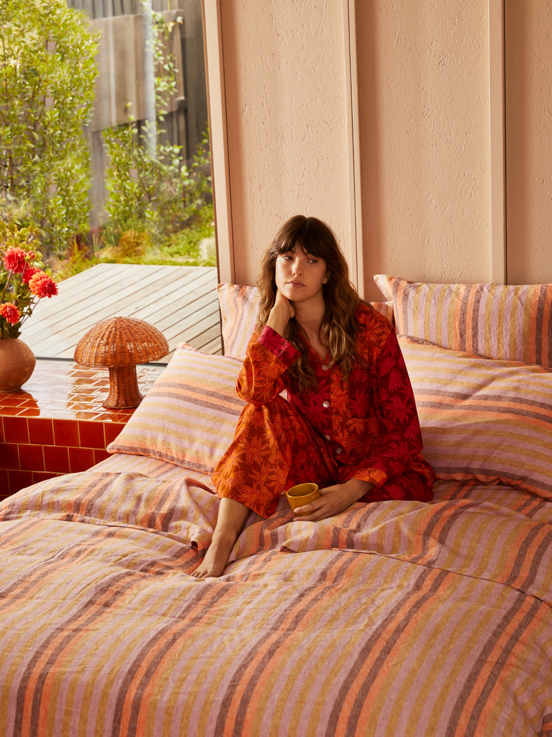 Flannel Flower Cerise Tan Pyjama Set