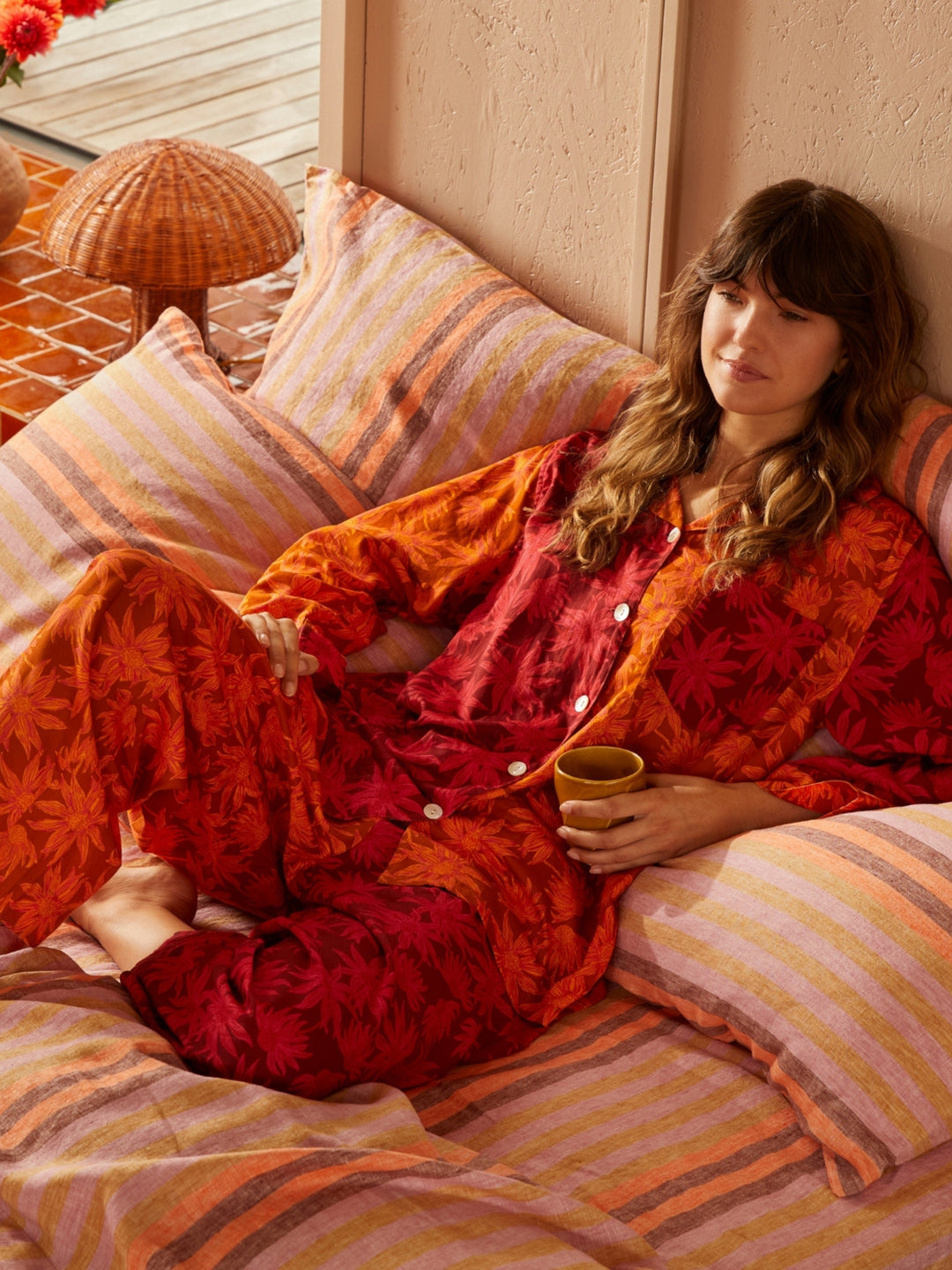 Flannel Flower Cerise Tan Pyjama Set