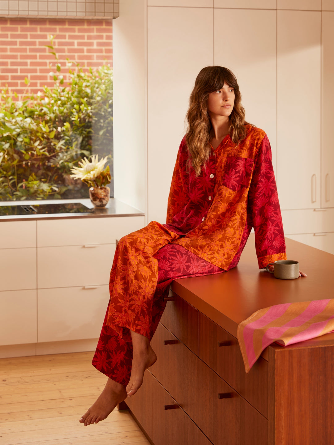 Flannel Flower Cerise Tan Pyjama Set