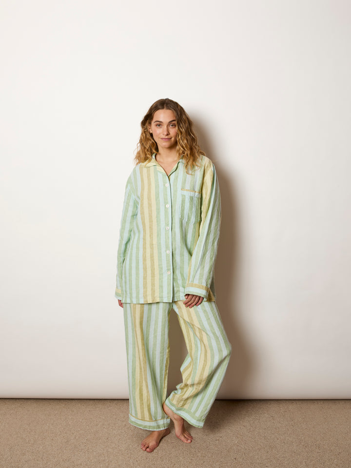 Stripe Blue Green Linen Pyjama Set