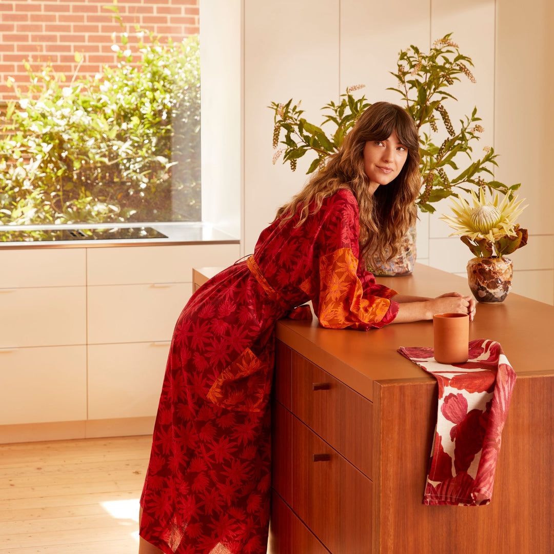 Flannel Flower Cerise Tan Robe