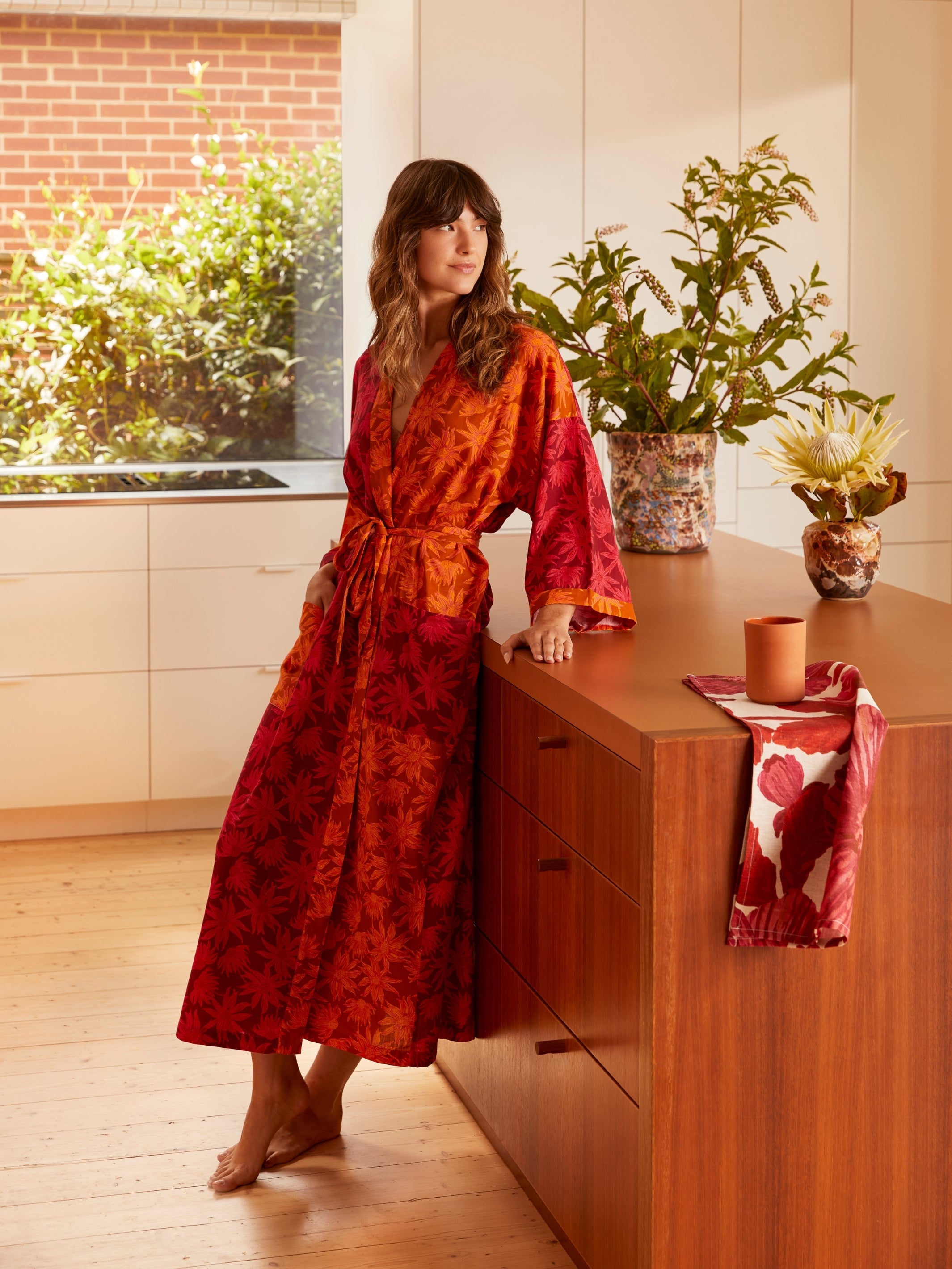 Flannel Flower Cerise Tan Robe - Almost Perfect