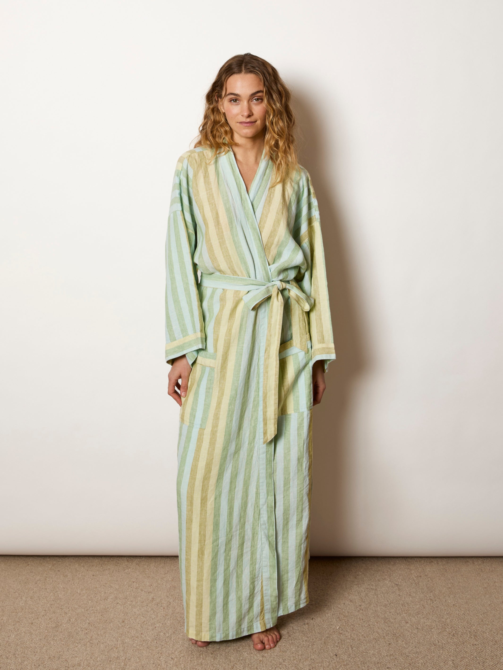 Stripe Blue Green Linen Robe - Almost Perfect