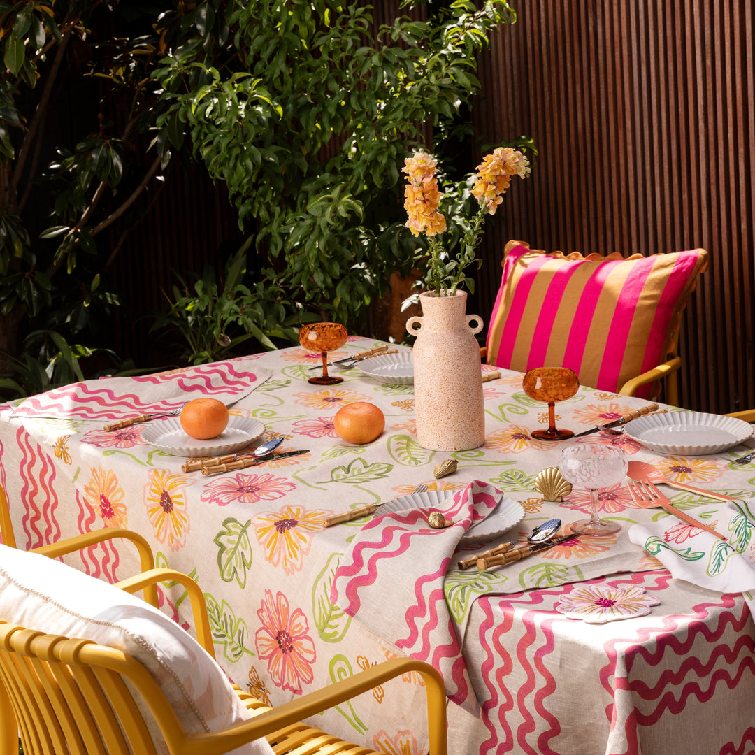 Tendril Multi Tablecloth Styled With Complementary Table Accessories In Outdoor Setting