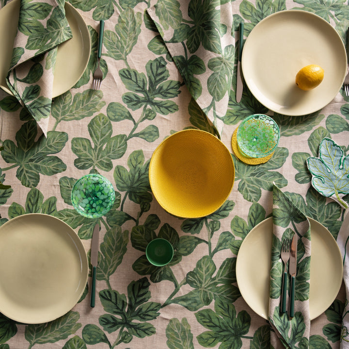 Fig Green Round Tablecloth Styled With Complementary Tabletop Accessories