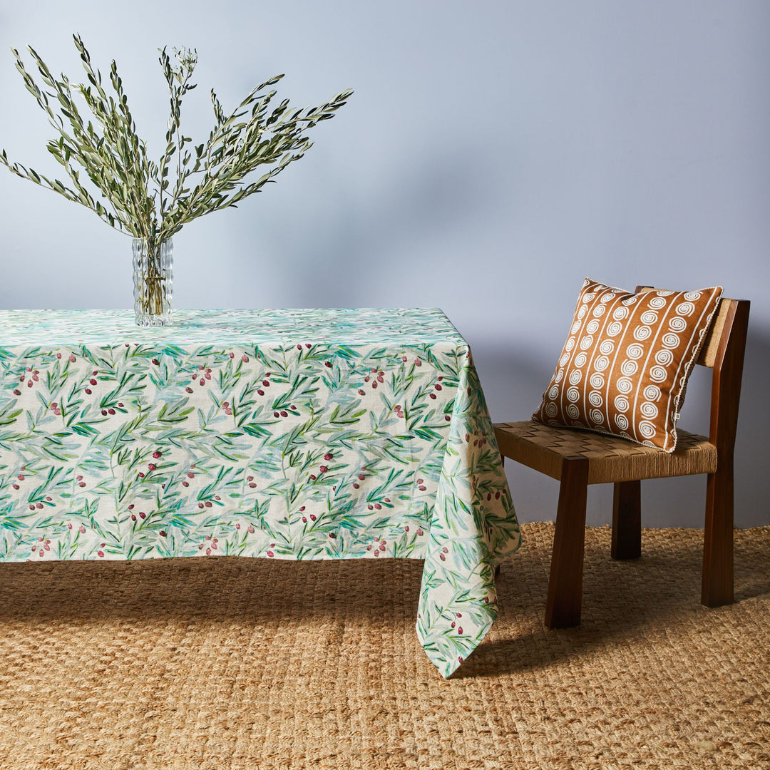 Kalamata Multi Tablecloth Styled With Eden Tan 50cm Linen Cushion