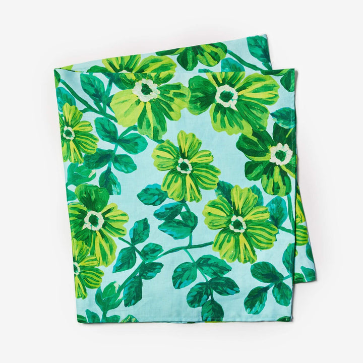 Rosetta Blue Tablecloth Folded | Blue & Green Floral Linen Tablecloth