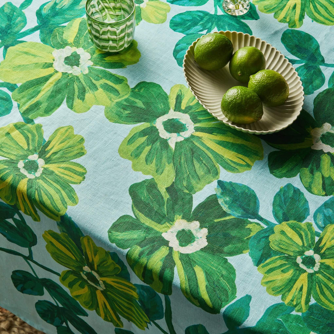 Rosetta Blue Tablecloth Styled With Watercolour Green Glass Tumblers