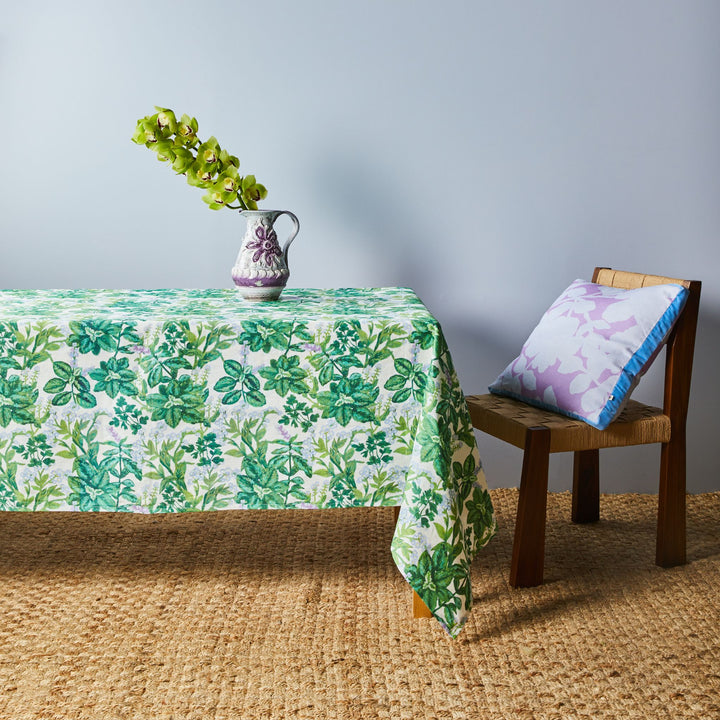 Herbs Multi Linen Tablecloth Styled With Carmine Lilac 50cm Cushion