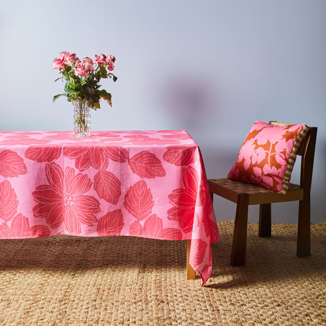 Margot Pink Tablecloth Styled With Carmine Pink 50cm Linen Cushion