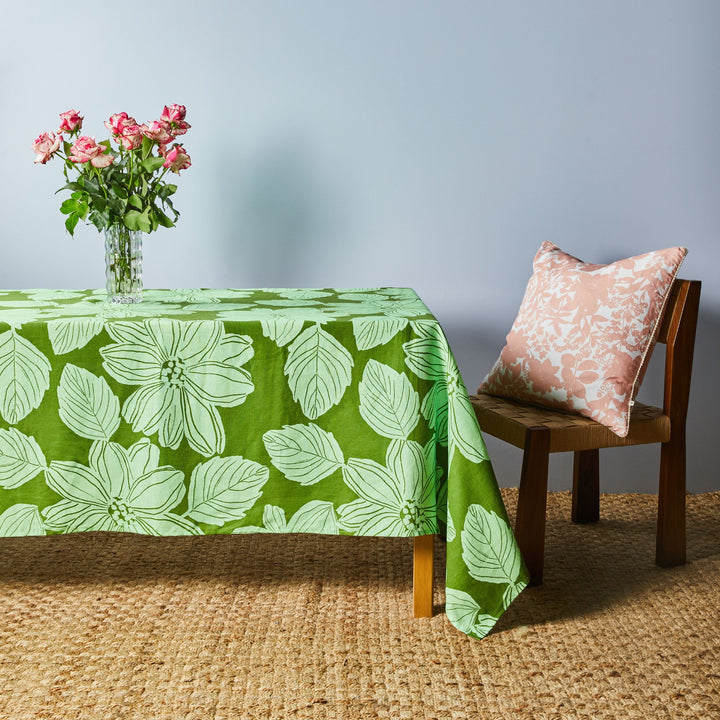 Margot Green Tablecloth Styled With Herb Reverse Beige 60cm Linen Cushion