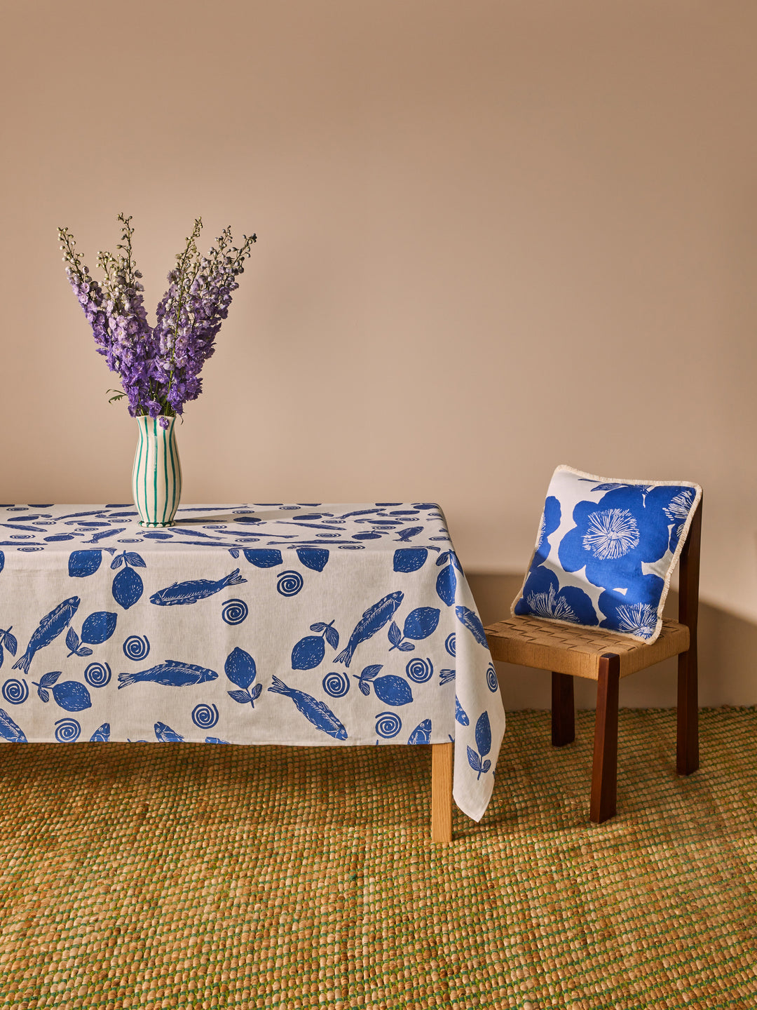 Sardines Blue Linen Tablecloth