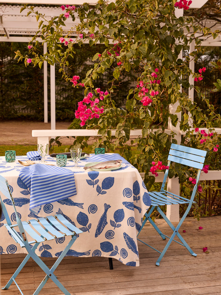 Sardines Blue Linen Tablecloth