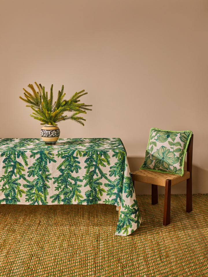 Festive Foliage Green Linen Tablecloth