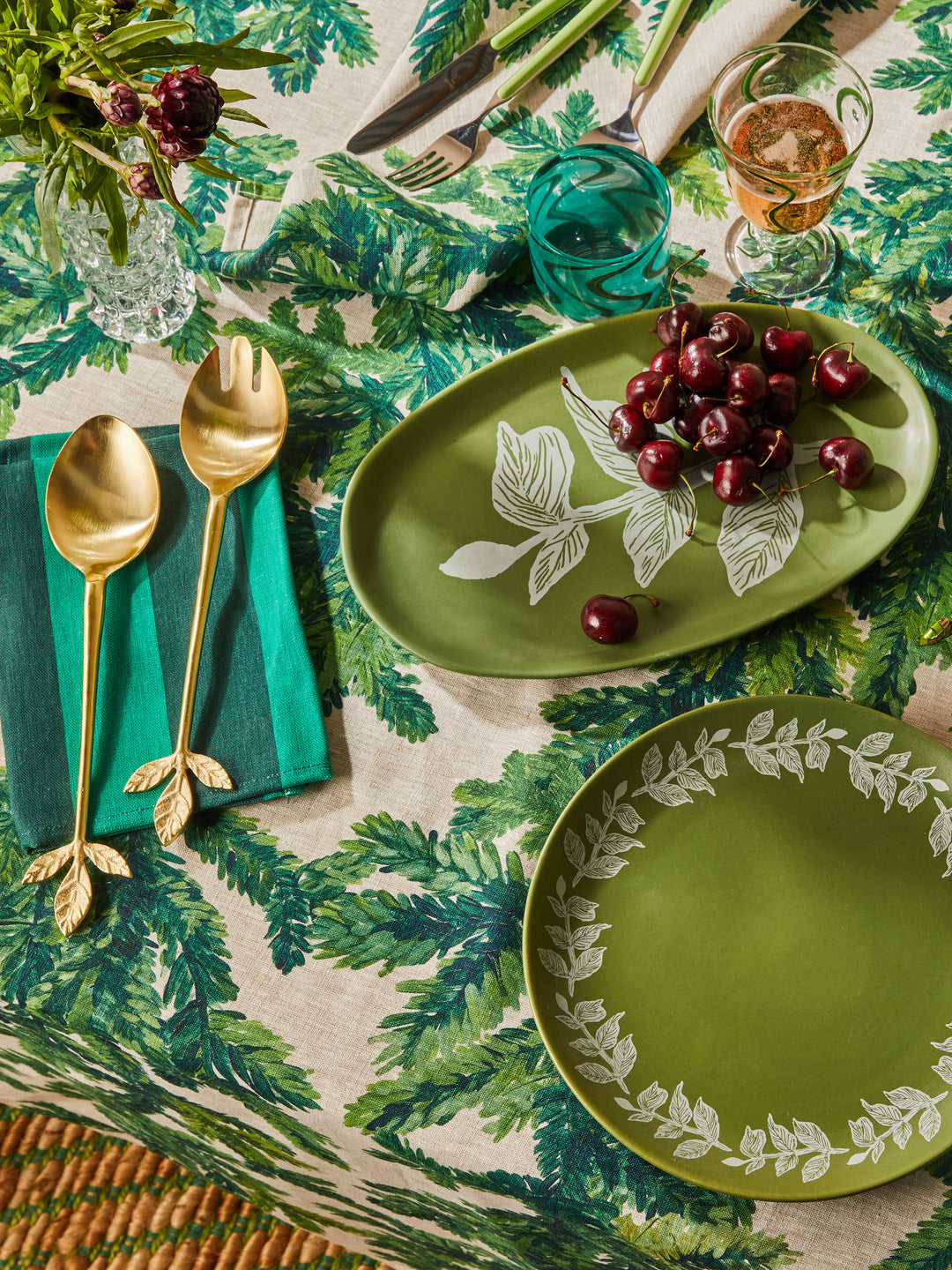 Festive Foliage Green Linen Tablecloth