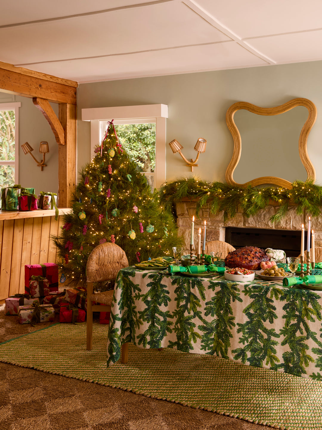 Festive Foliage Green Linen Tablecloth