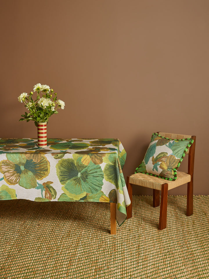 Wild Pansy Verde Linen Tablecloth
