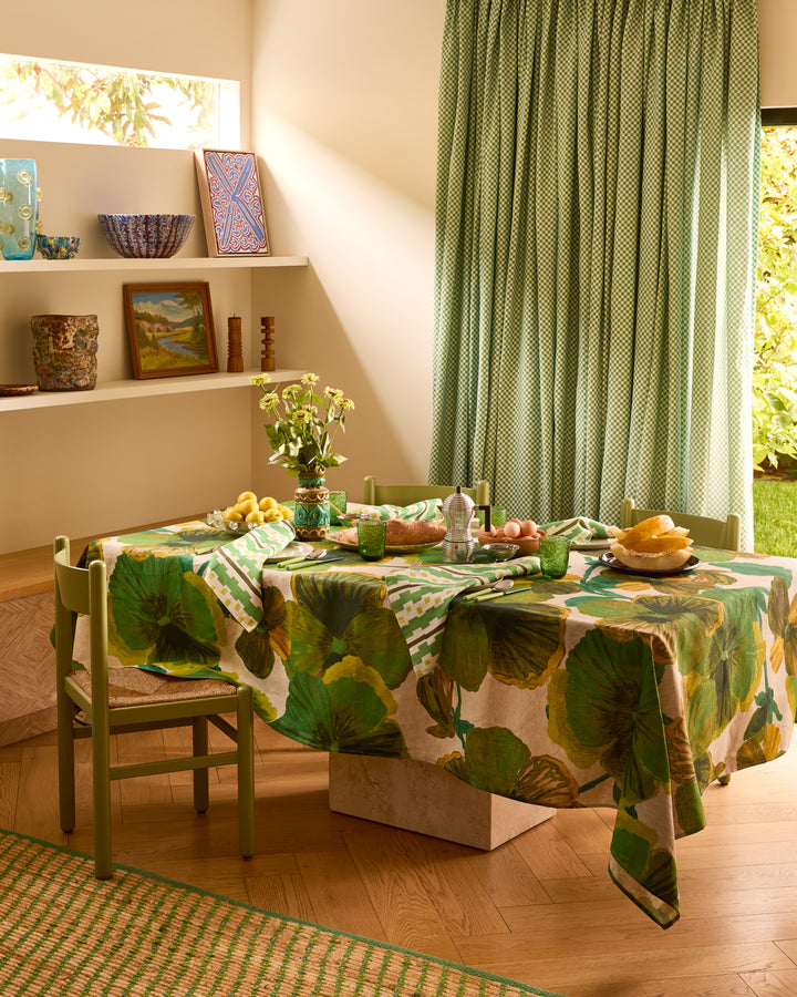 Wild Pansy Verde Linen Tablecloth