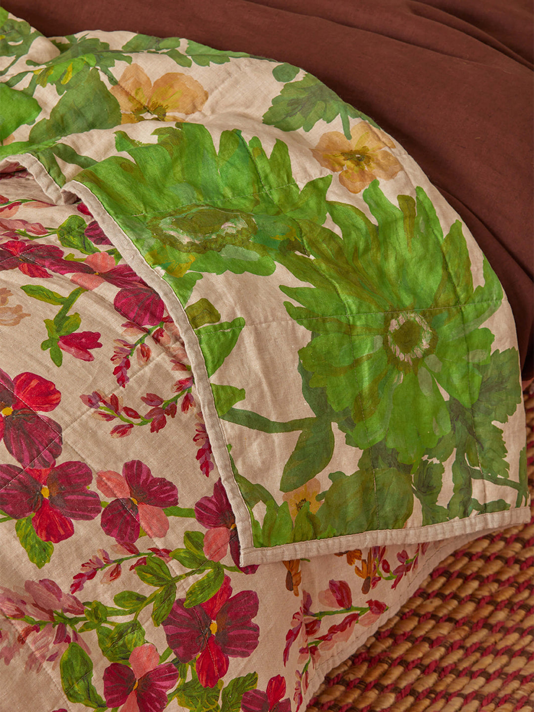 Lupin Multi & Marigold Leaf Linen Quilted Throw