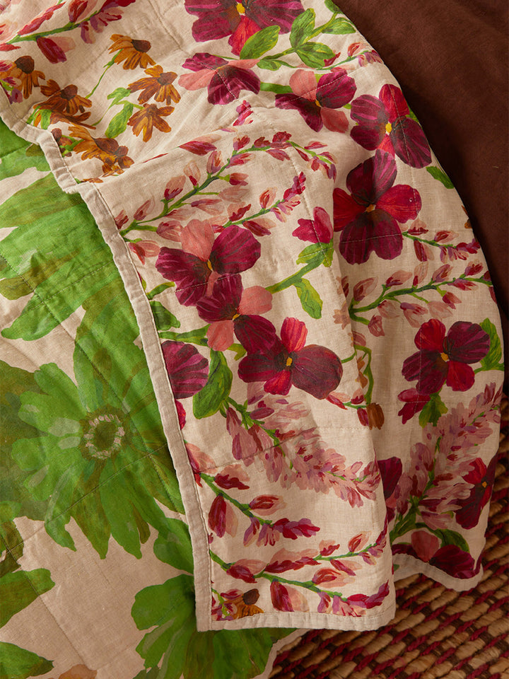 Lupin Multi & Marigold Leaf Linen Quilted Throw