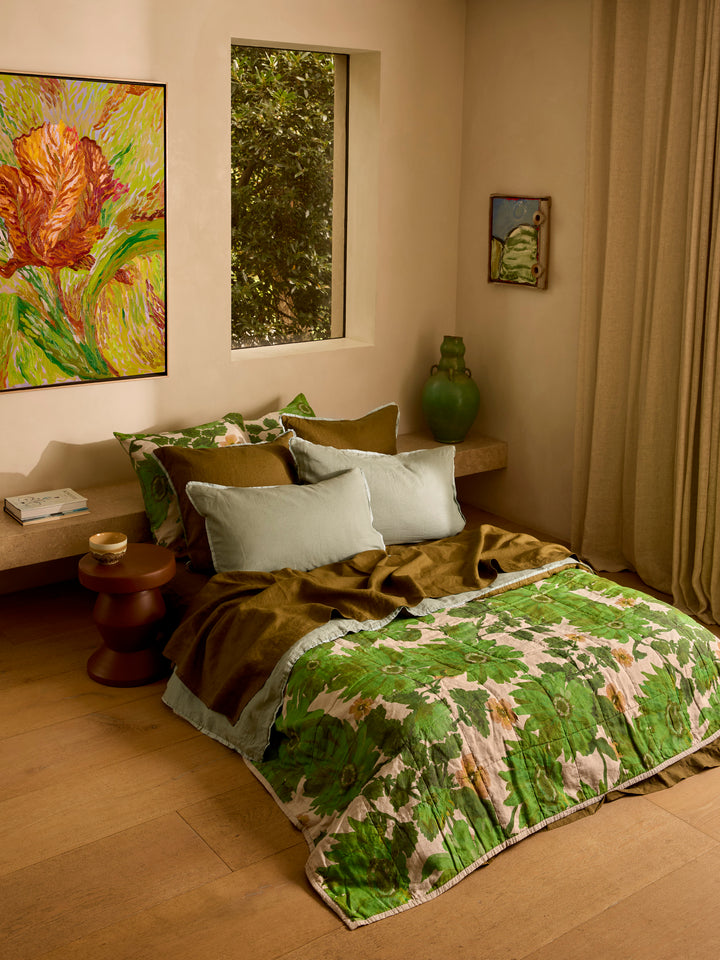 Lupin Multi & Marigold Leaf Linen Quilted Throw