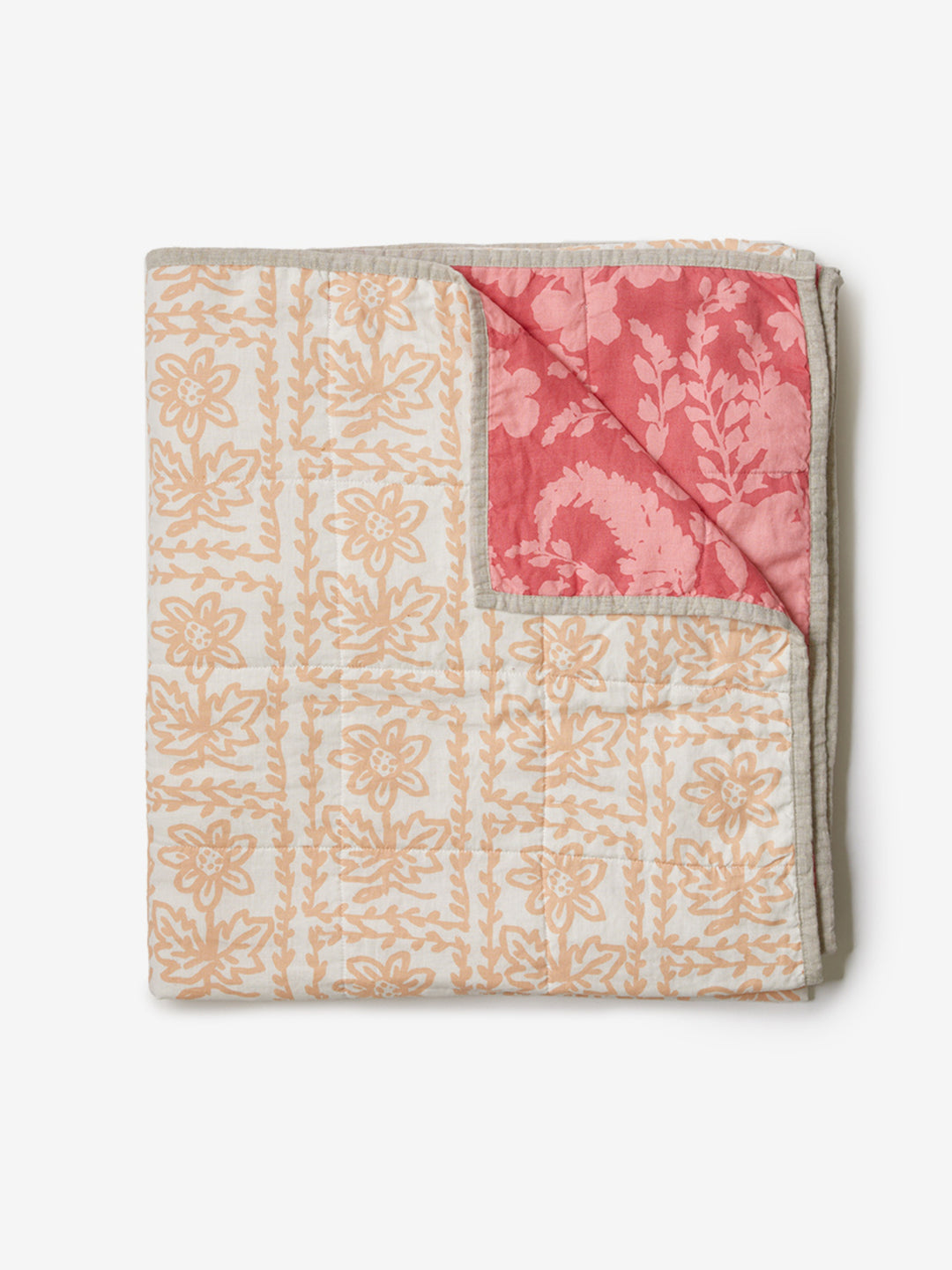 Petal Pink & Daisy Buff Linen Quilted Throw