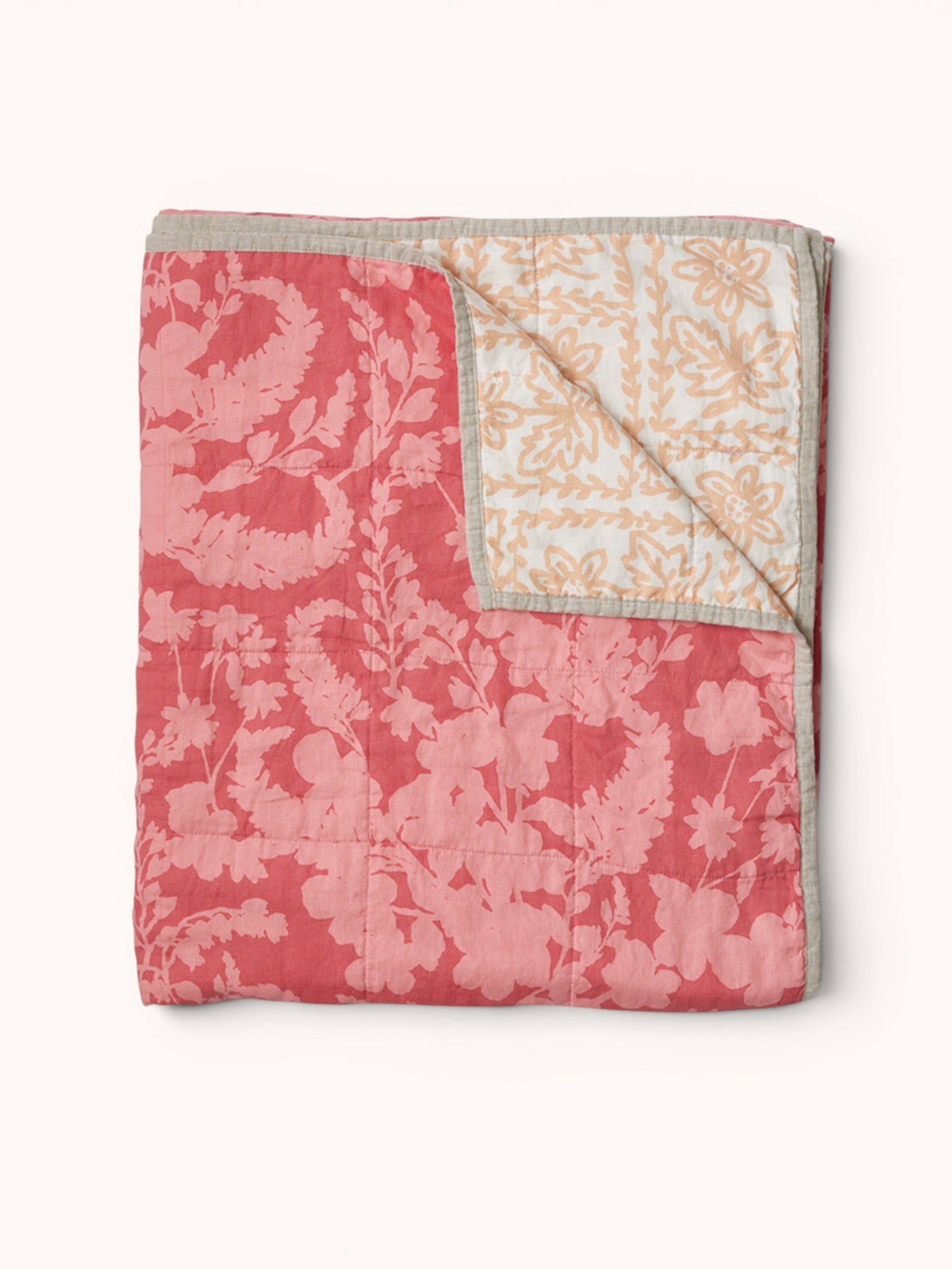 Petal Pink & Daisy Buff Linen Quilted Throw