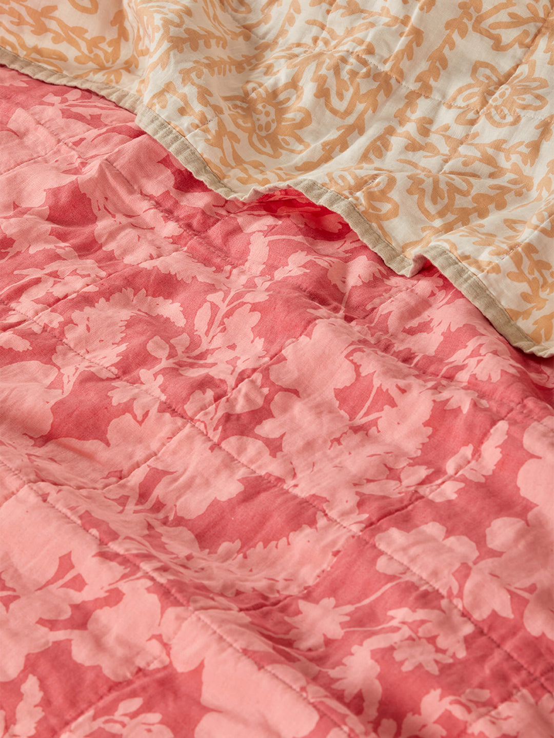 Petal Pink & Daisy Buff Linen Quilted Throw