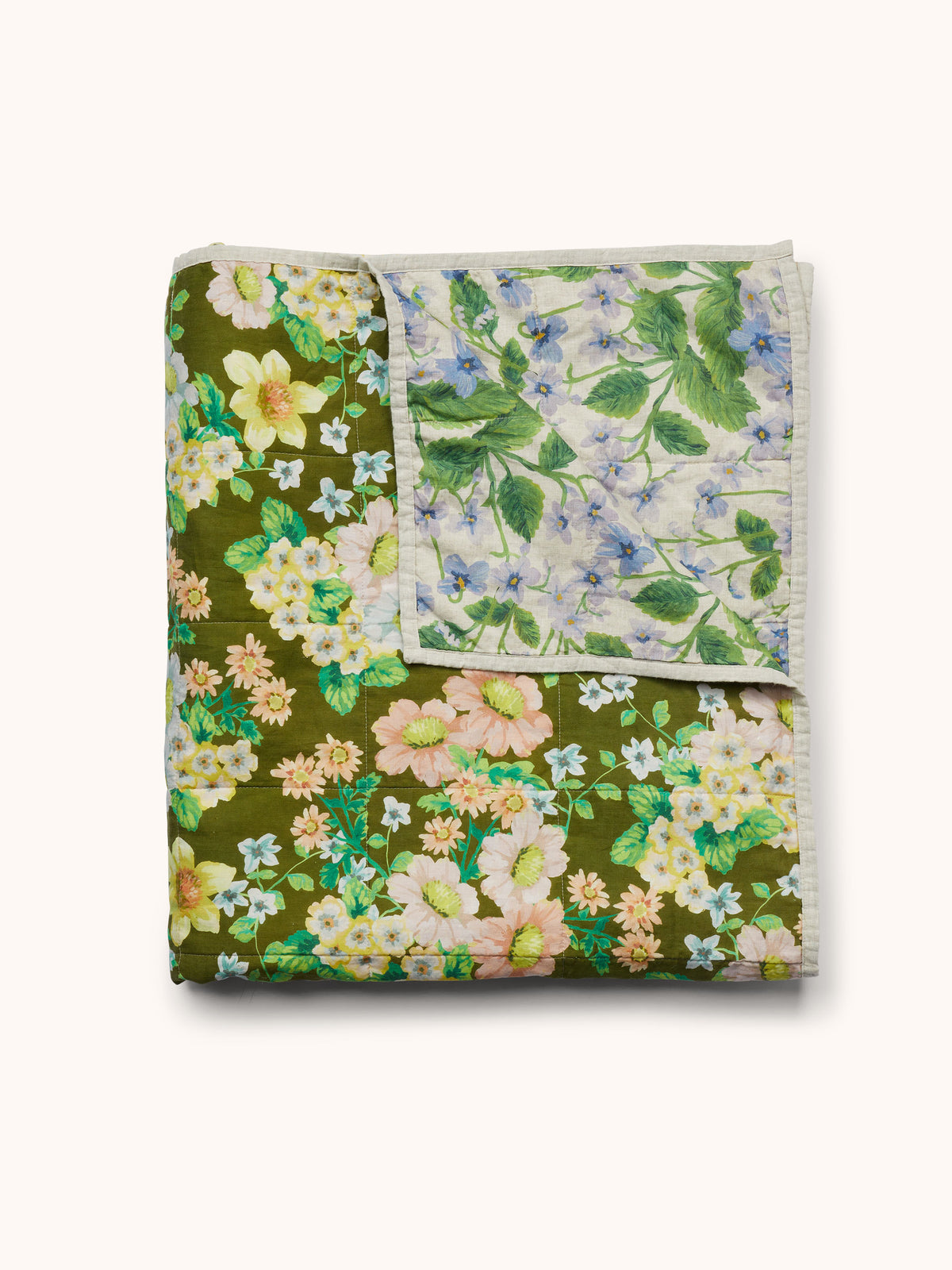 Buttercup Olive & Lilas Blue Linen Quilted Throw