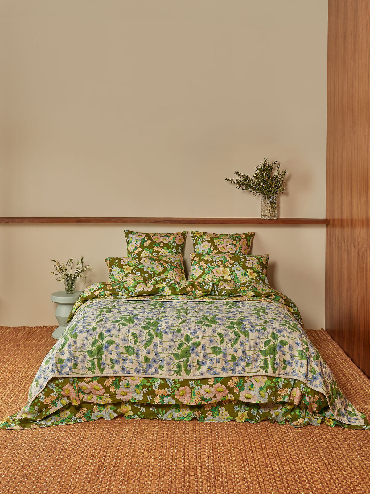 Buttercup Olive & Lilas Blue Linen Quilted Throw