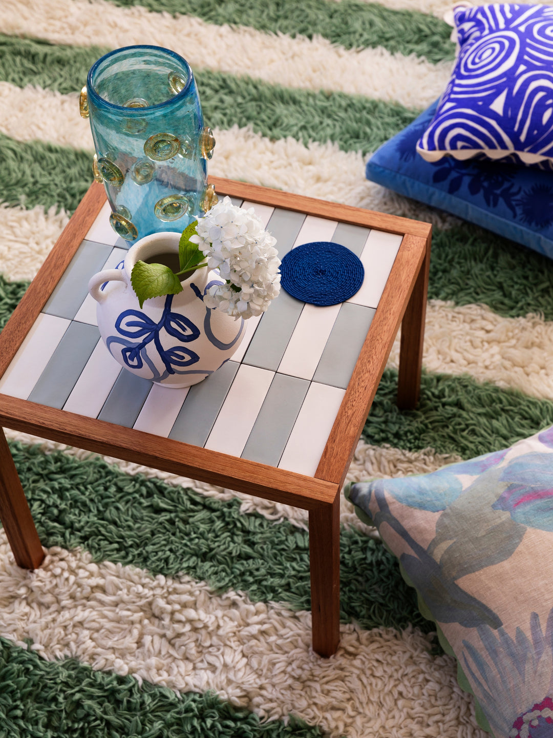 Tiled Side Table White Blue