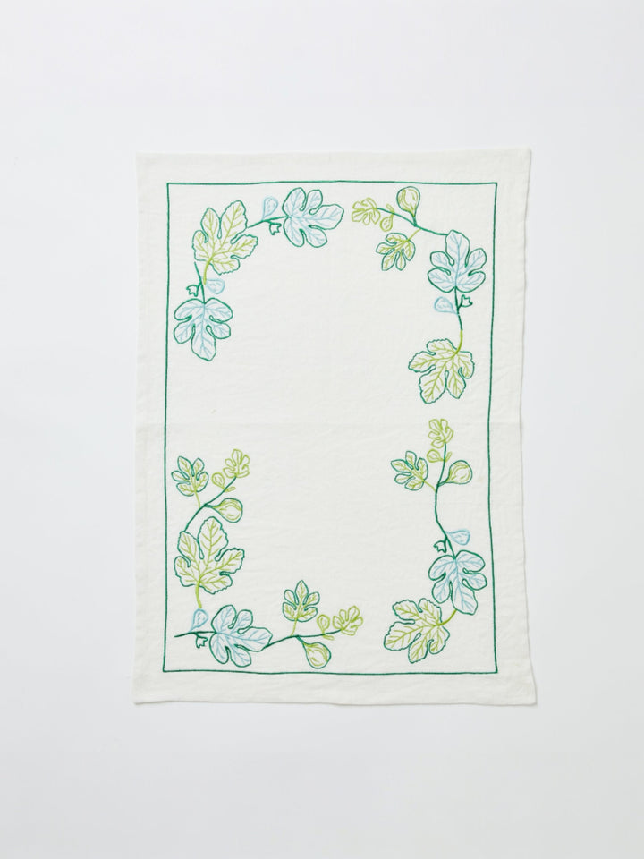 Fig Green Embroidered Tea Towel