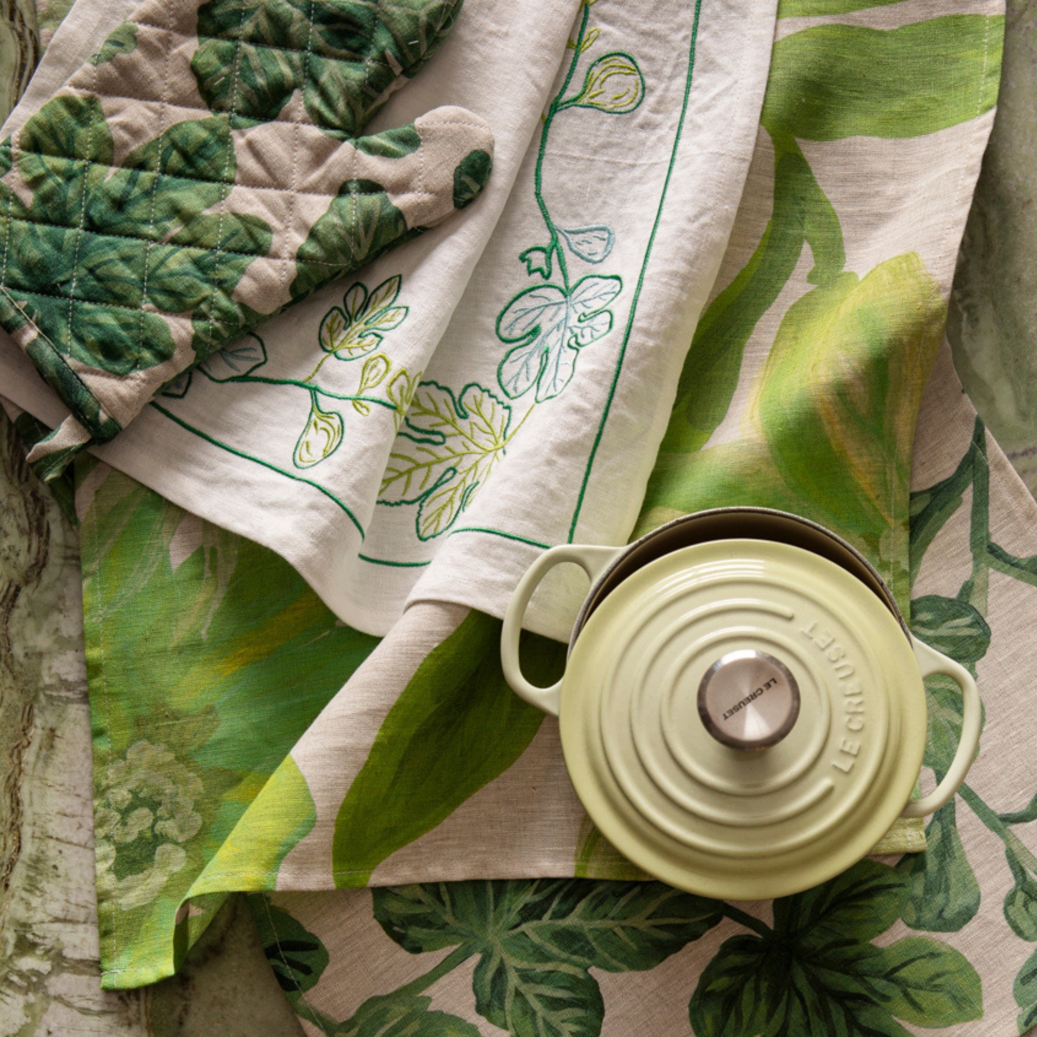 Fig Green Embroidered Tea Towel