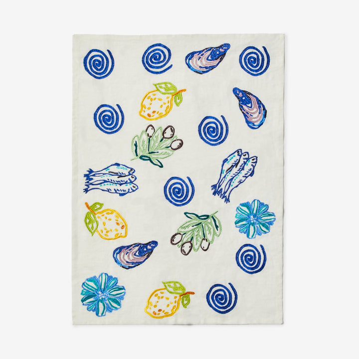 Sardines Blue Embroidered Tea Towel