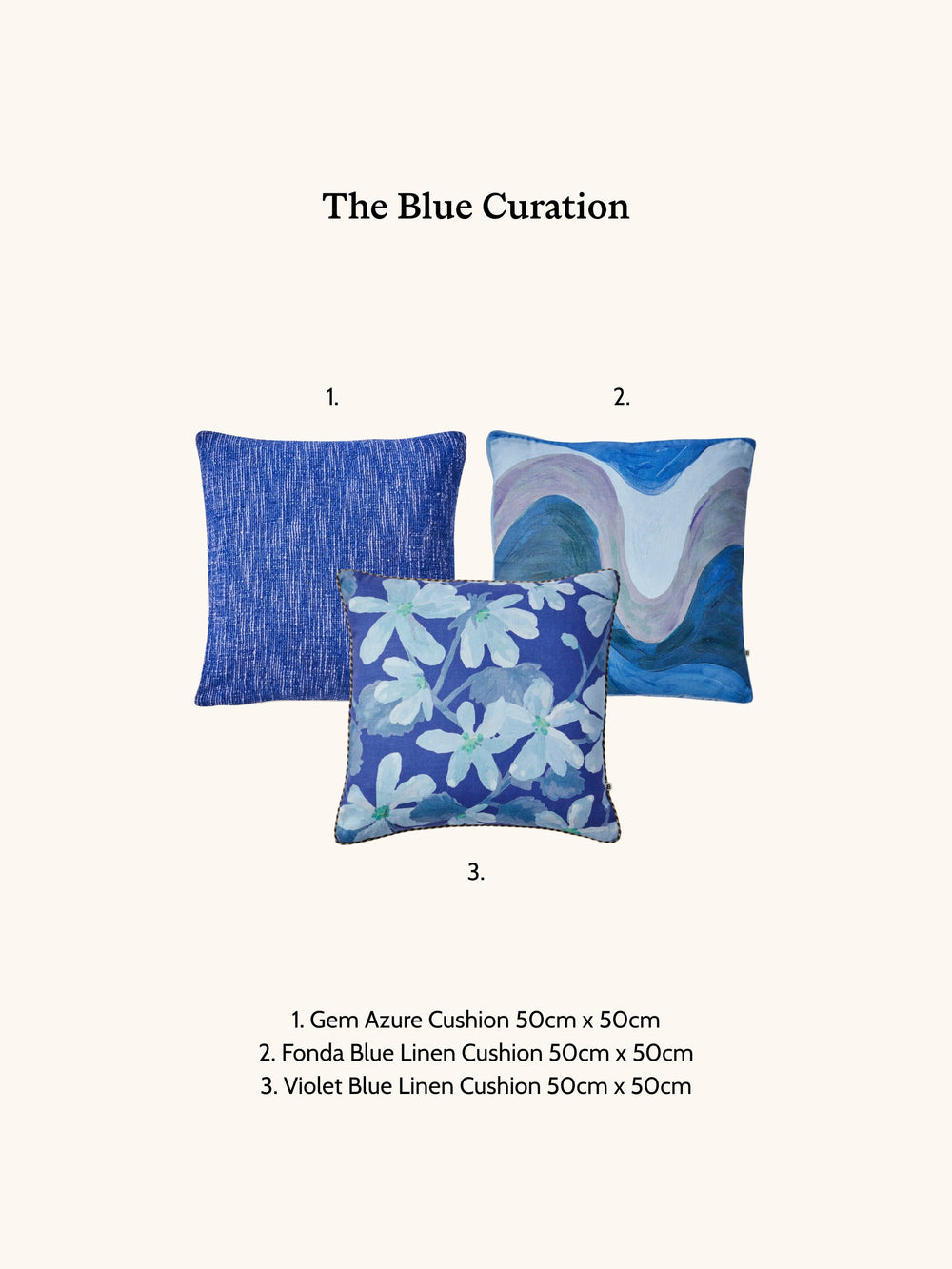 Three blue cushions with floral patterns on a white background, labeled 'The Blue Curation'.