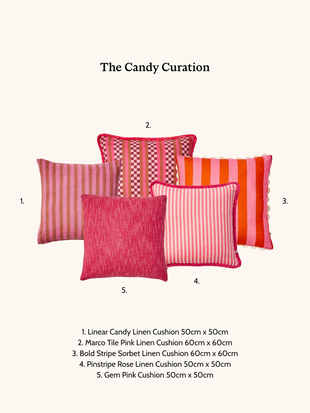 Set of pink and red cushions with dimensions and product names on a white background