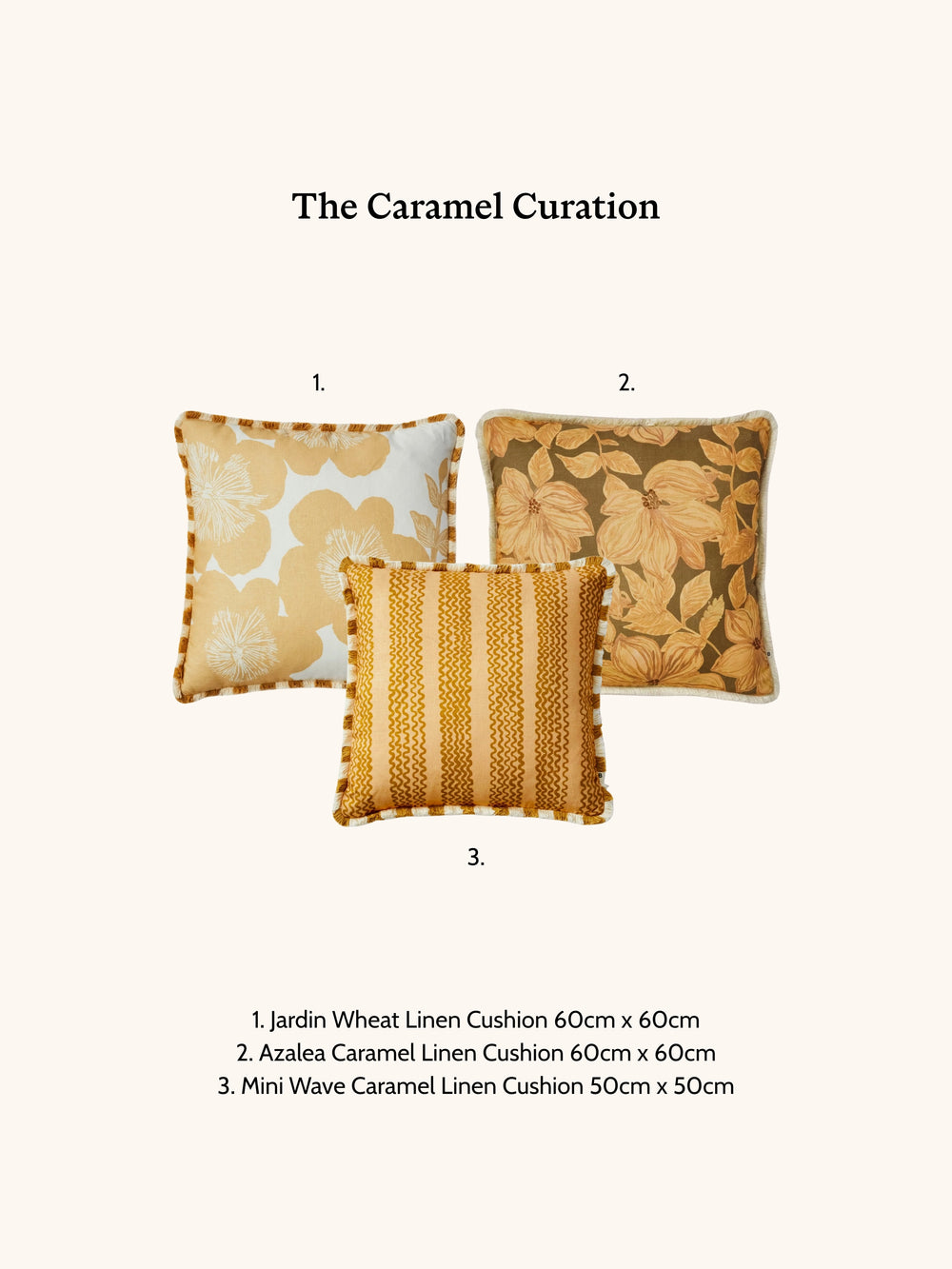 Three linen cushions with different patterns on a white background, labeled 'The Caramel Curation'.