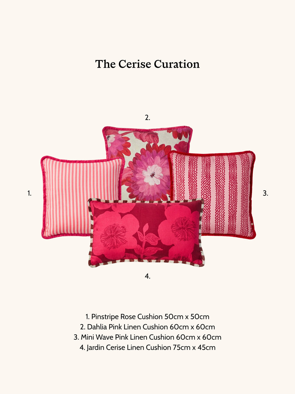 Four pink cushions with floral and striped patterns on a white background, labeled 'The Cerise Curation'.