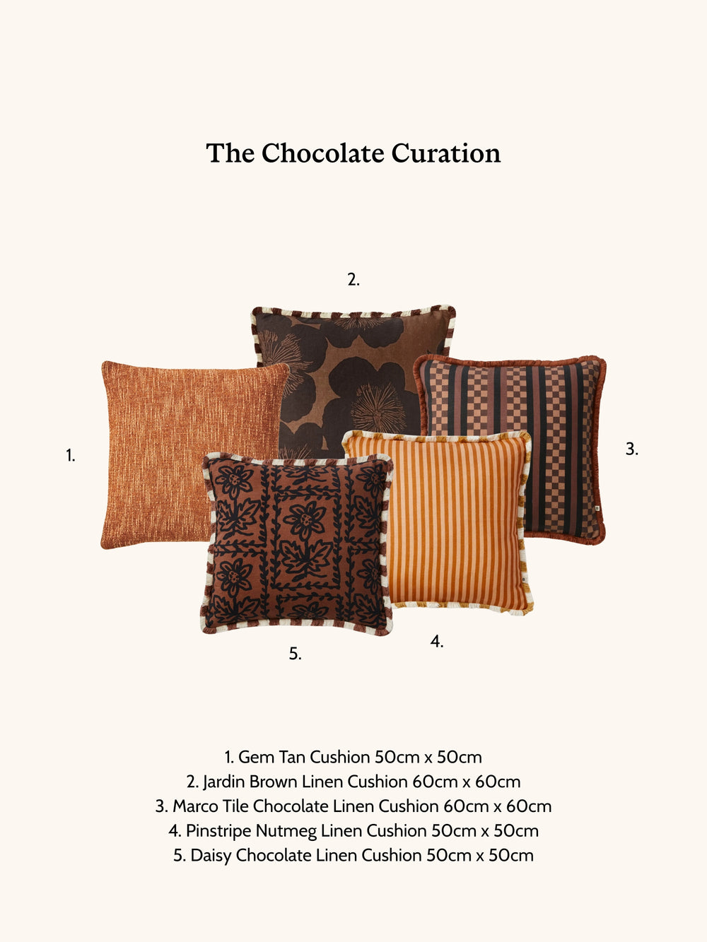 Collection of chocolate-themed cushions with labels on a white background