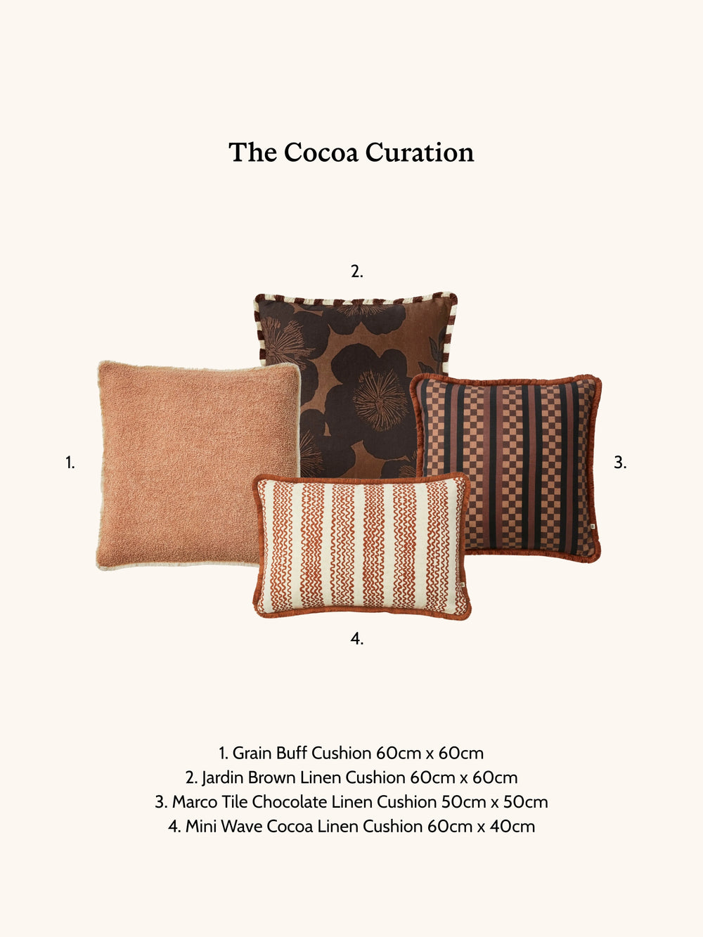 Four patterned cushions on a white background with product names and dimensions.